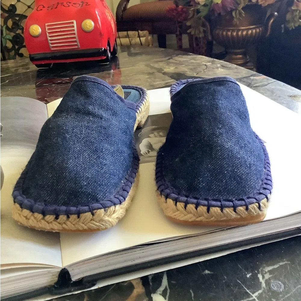 Eddie Bauer dark wash cotton denim espadrille jute heels slides size 9